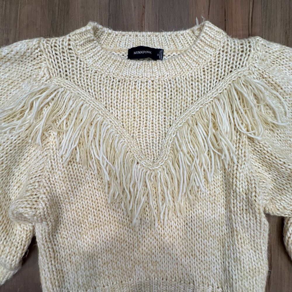 Boho Fringe V Neck Chunky Knit Cropped Sweater Cream Size Medium